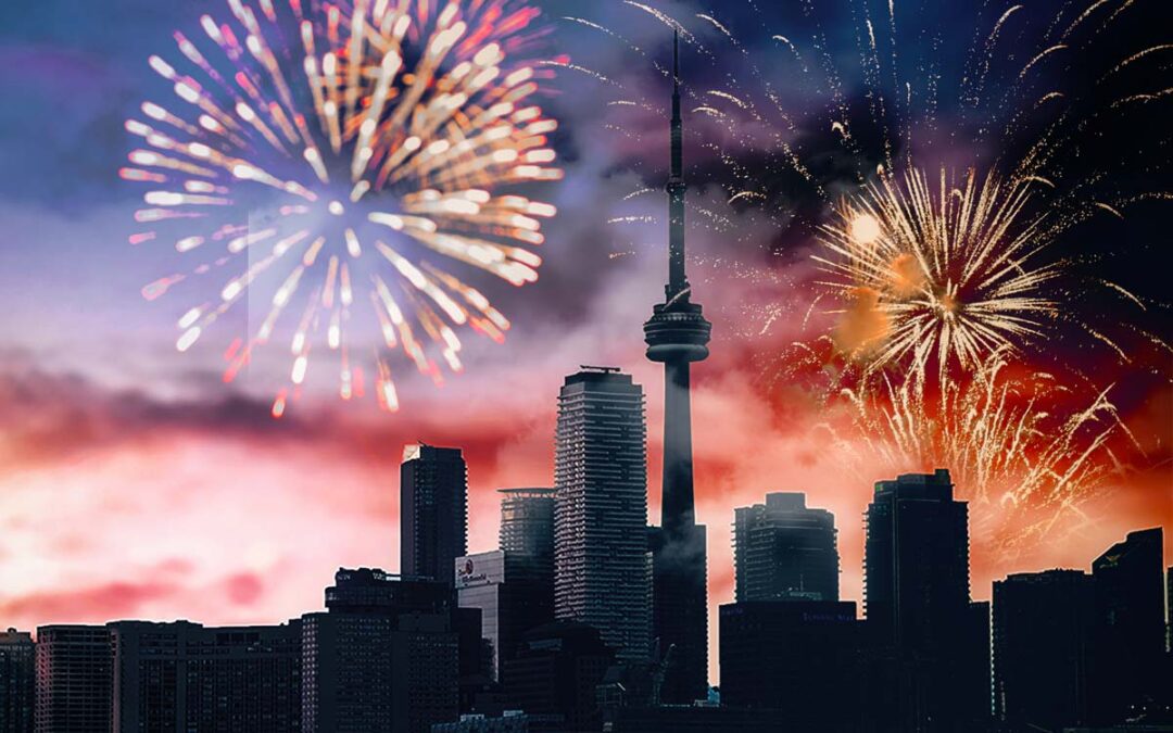 Fireworks on Toronto skyline at New Year